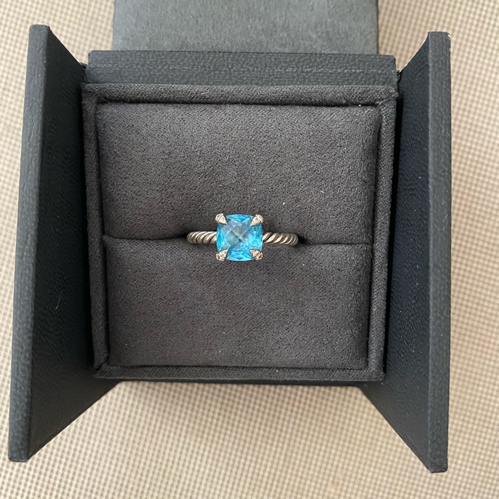 David Yurman Chatelaine Ring- Sterling Silver with Blue Topaz and Pavé Diamonds